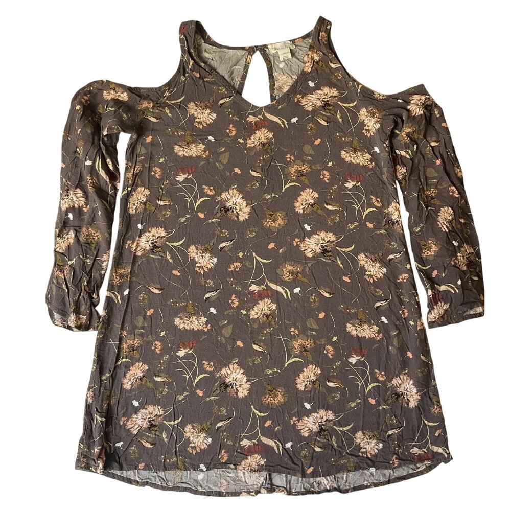 Full Tilt Women Blouse S Brown Floral Rayon V-Neck Pullover Cold Shoulder